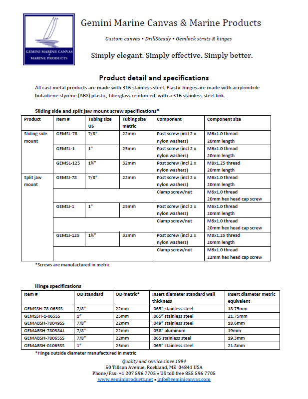 Gemini Marine Products product specification sheet